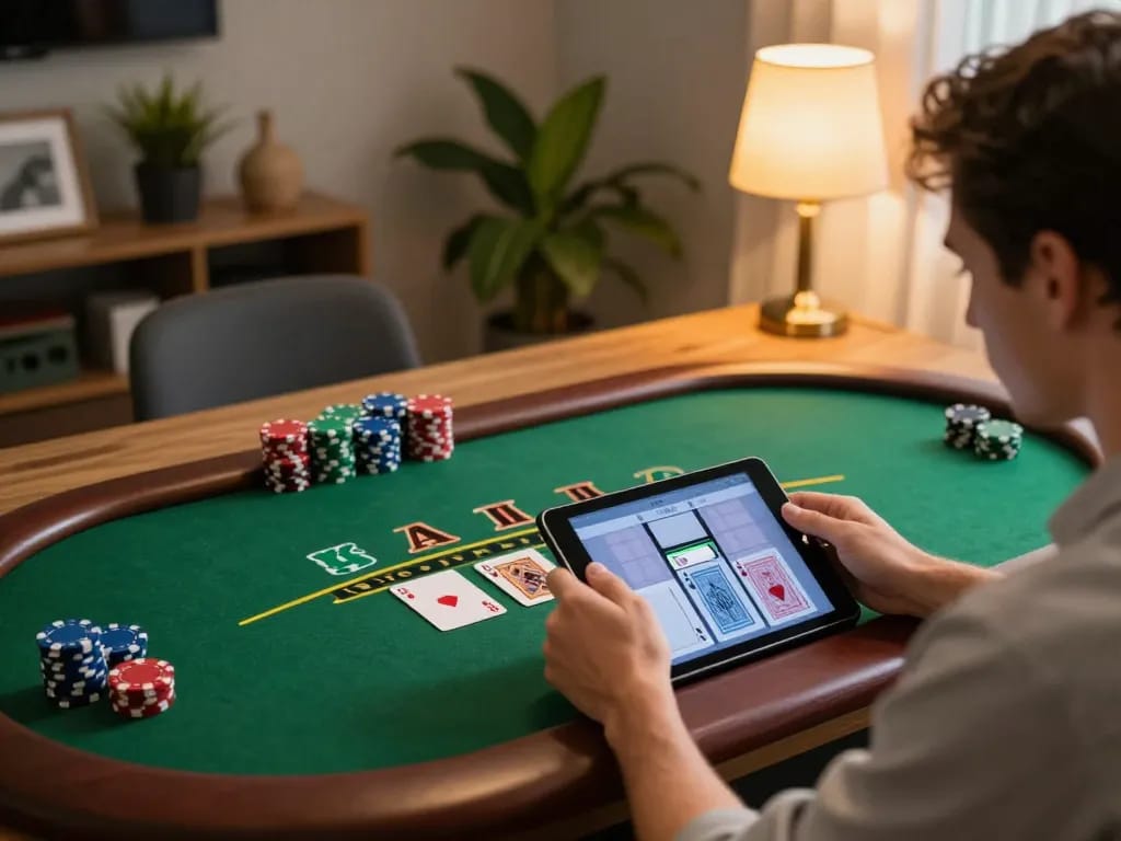 D-ola789 player enjoying an engaging live blackjack game on a tablet at home