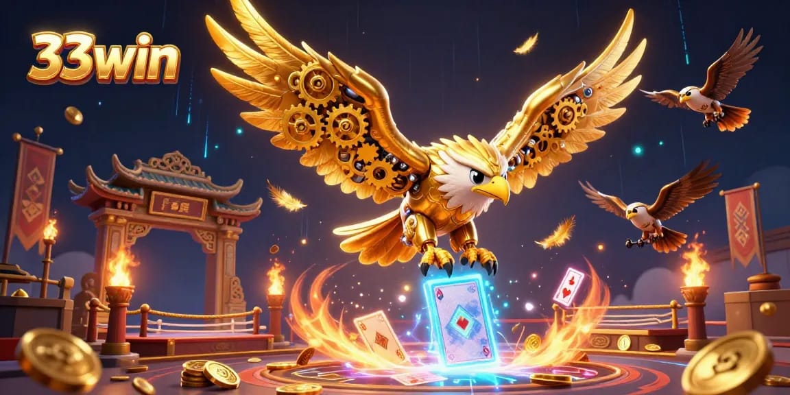 Engage with 33win's vibrant casino illustration featuring a golden eagle and holographic cards.