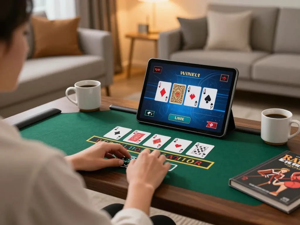 MM88 player enjoying a live dealer blackjack game on a tablet in a cozy living room setting