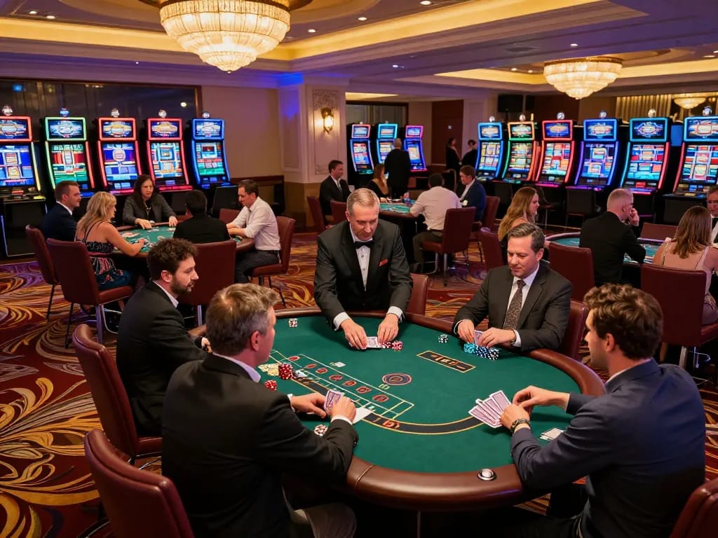 Players strategizing at a blackjack table in the HM88 casino, vibrant atmosphere and dynamic action.