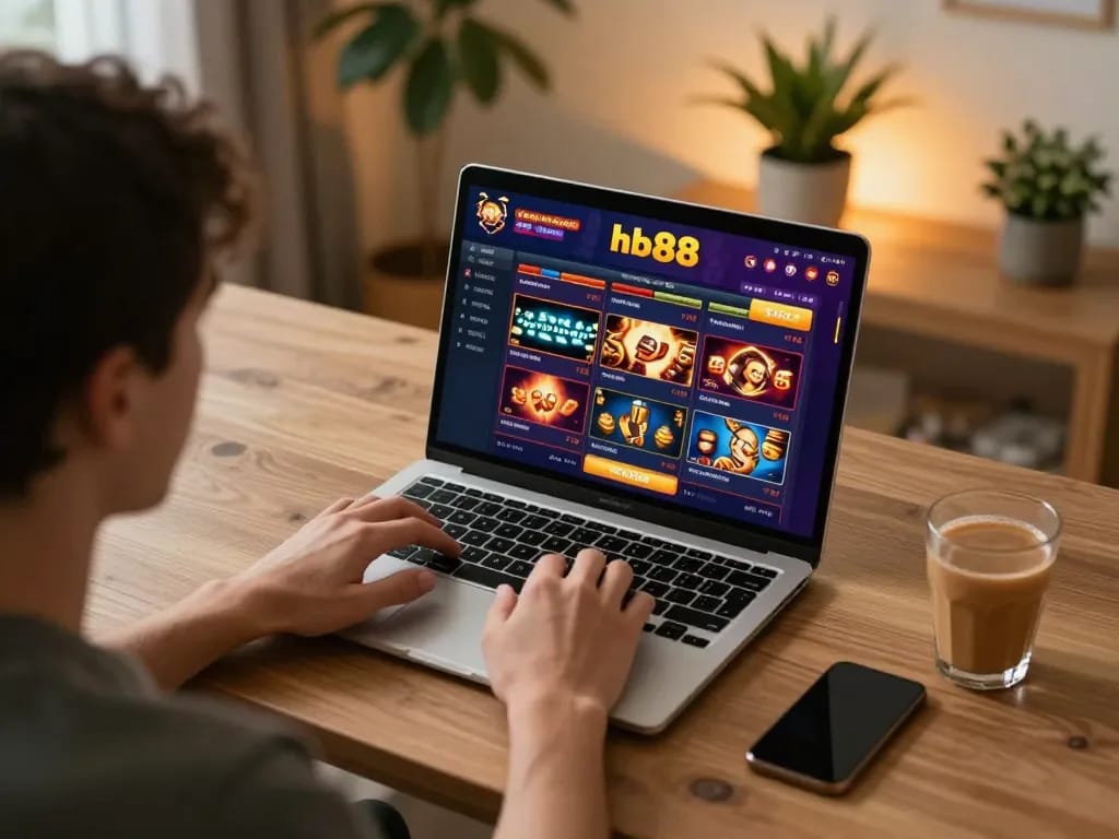 Engaged player using hb88 online casino app at a bright home desk with vibrant gaming interface.