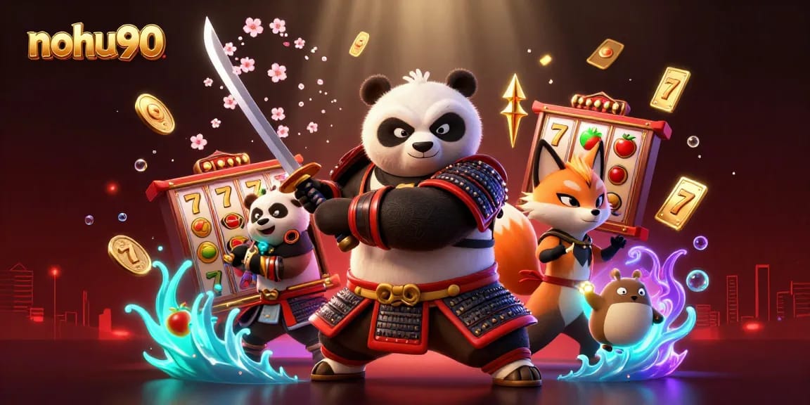 Nohu90 showcases a dynamic 3D scene of a samurai panda and ninja fox amidst vibrant casino elements and cherry blossoms.