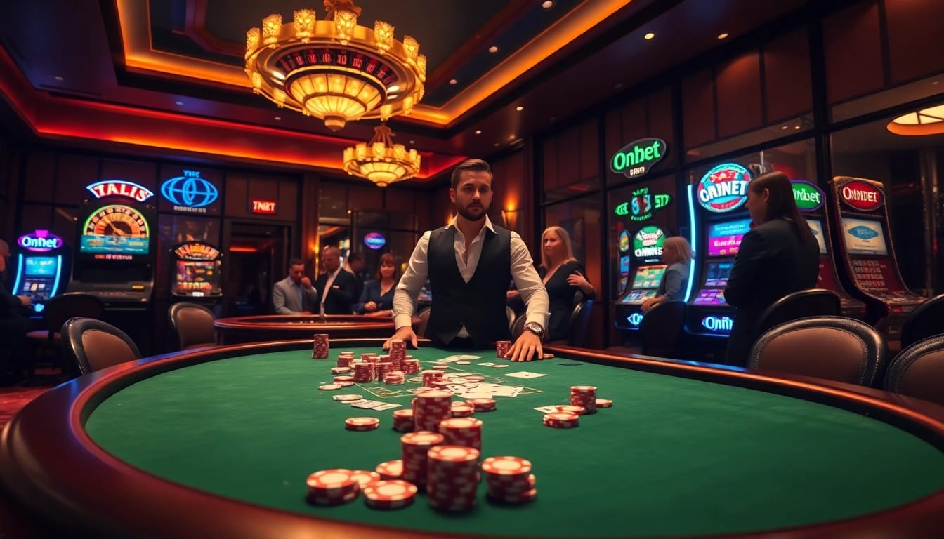 Onbet's vibrant casino scene with players engaging at a poker table and roulette wheel.