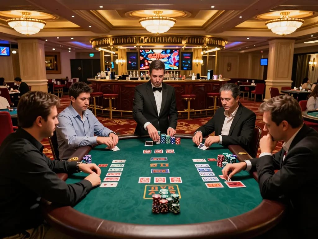 Players at a blackjack table engaging with Hoiquantv's expert strategies in an elegant casino setting