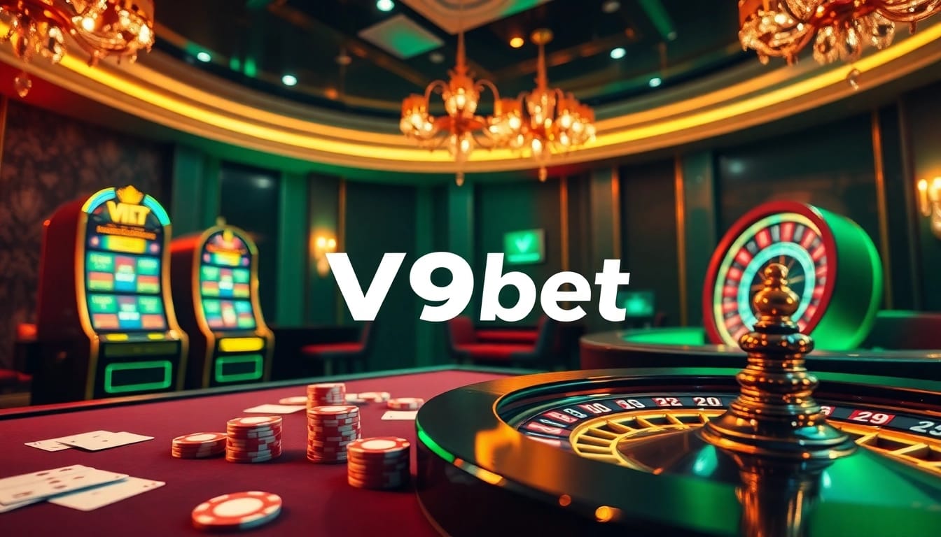 V9bet casino players enjoying an exciting gaming experience with poker chips, cards, and slot machines.