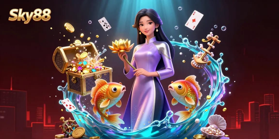 Engage with Sky88's vibrant casino experience featuring a stylish Asian woman and playful koi fish