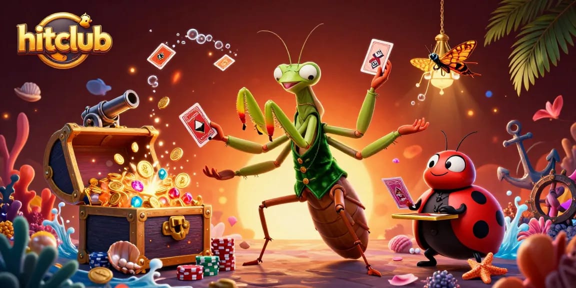Hitclub's giant praying mantis card sharp deals cards in a vibrant casino scene full of action.