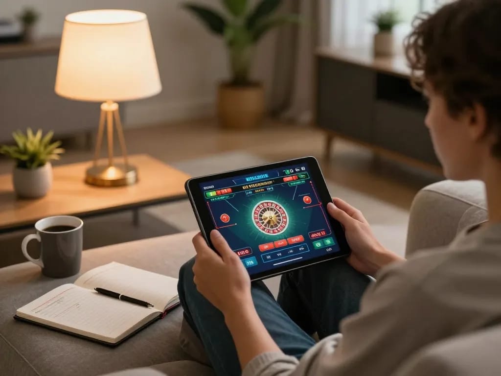 FABET player engaged in online roulette game on tablet, showcasing strategic gameplay in a cozy home.