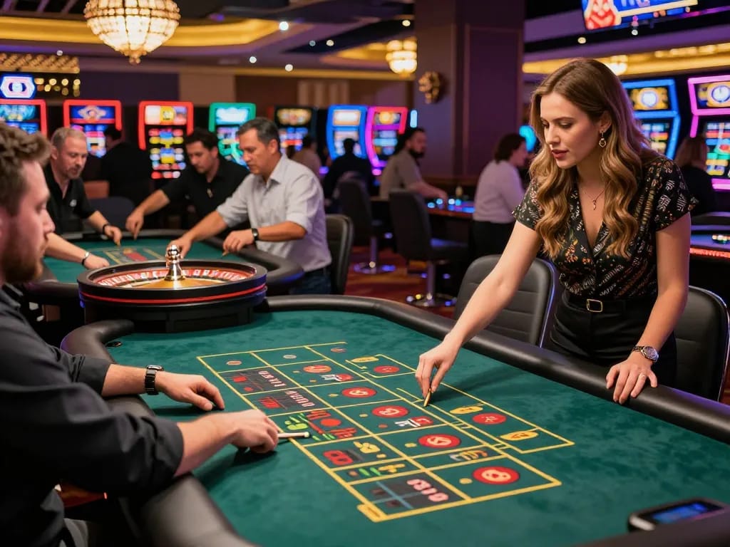 O8 gaming floor captures players engaging in roulette with excitement and vibrant lights