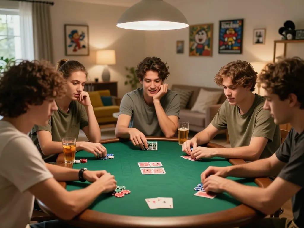 Friends enjoying poker night at home while using jun88 for an immersive gaming experience