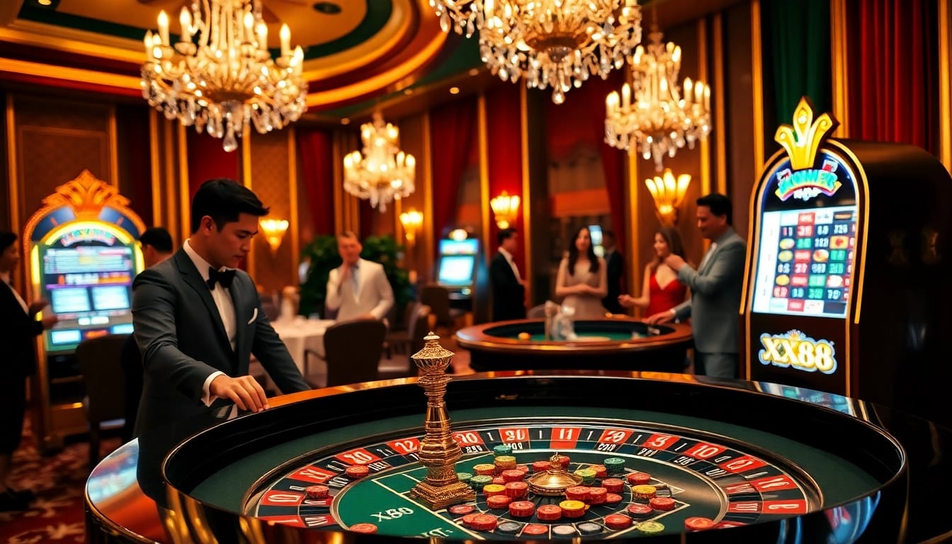 Experience the thrill of XX88 at a luxurious roulette table surrounded by eager gamblers.