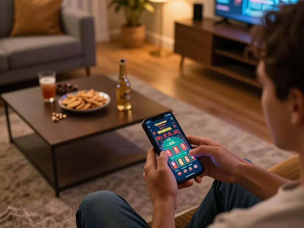 Engaging smartphone gaming for nhà cái uy tín experience in cozy home setting with snacks.