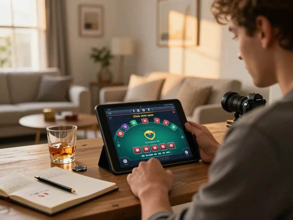 Engaging in online poker gameplay on kubet79 in a cozy living room setting.