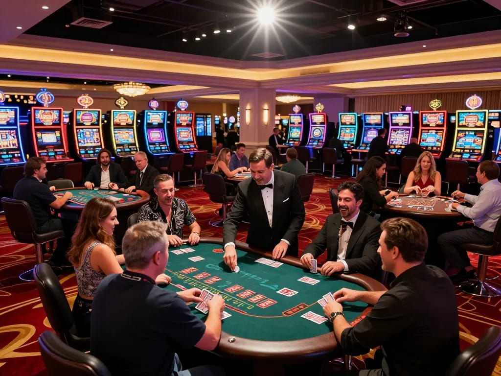 Players enjoying a thrilling blackjack game at a luxurious VA88 casino, vibrant lights and excitement surround them
