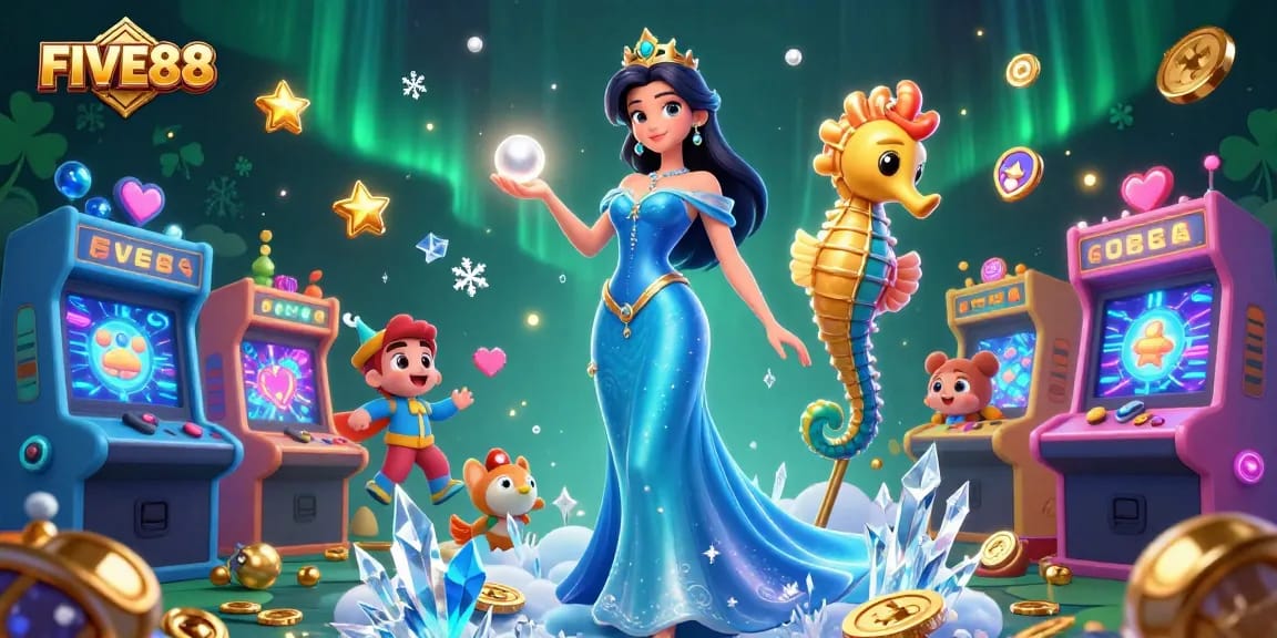 FIVE88 features a vibrant 3D illustration of a woman and seahorse in a casino-themed scene.