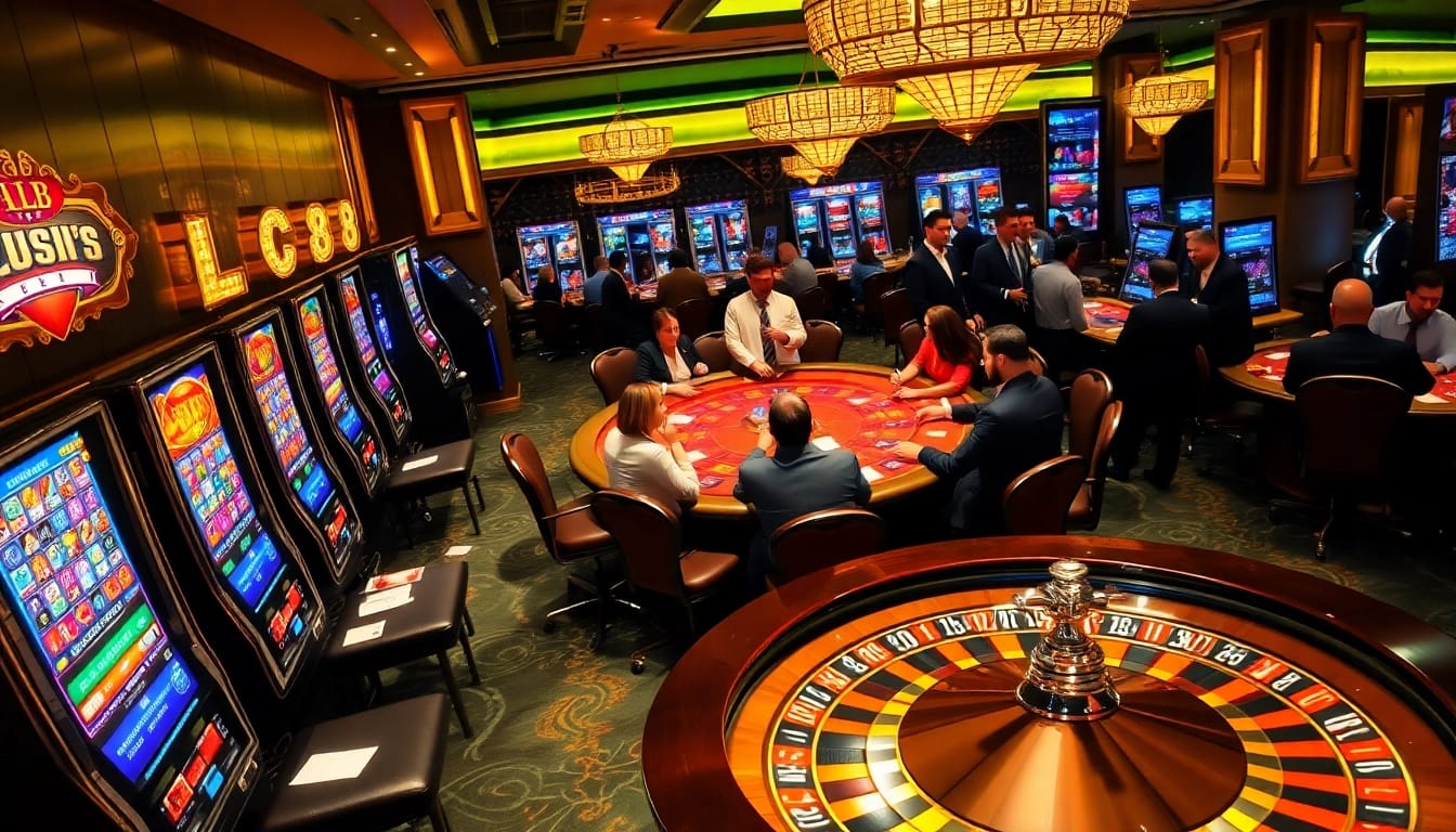 Players enjoying thrilling casino games at LC88, with vibrant slot machines and poker tables.