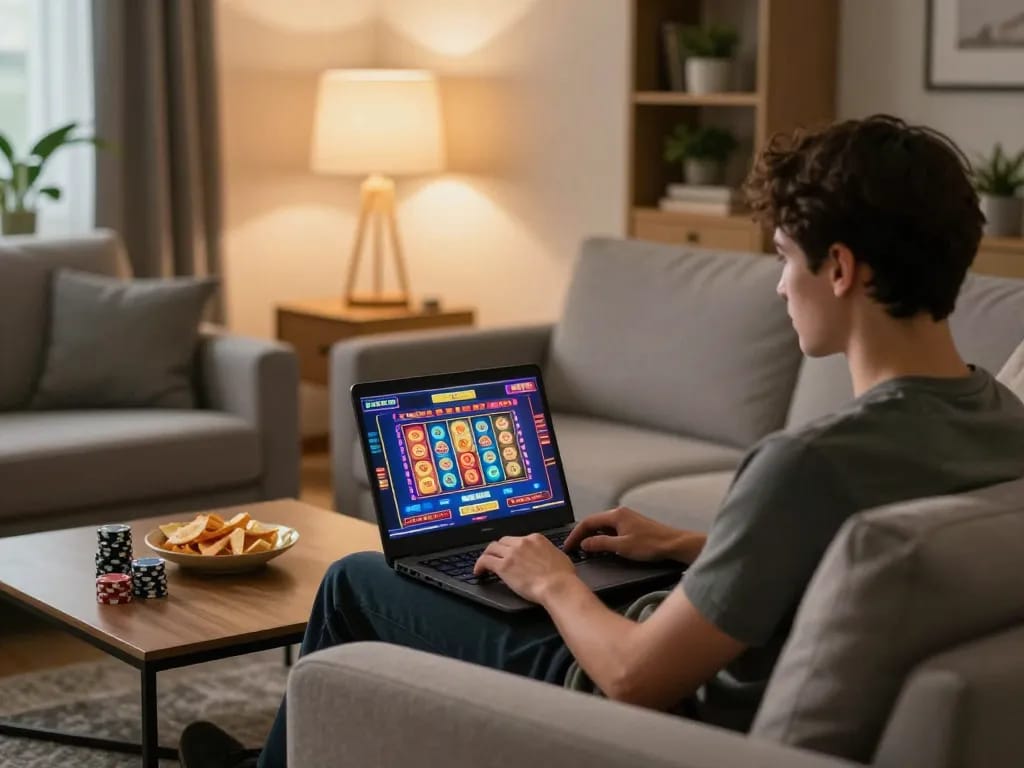 Tg88 player engaging with online casino games at home with vibrant interface and cozy setup