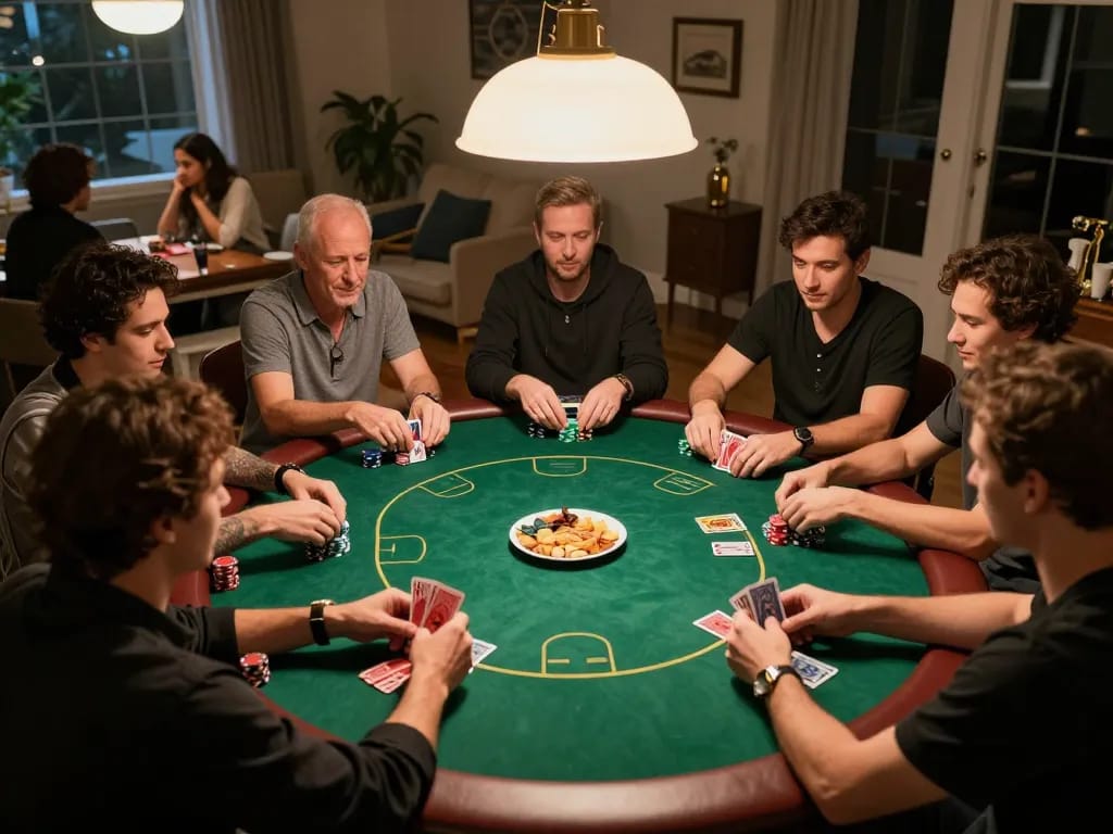 Rik88 home poker night capturing friends strategizing in an engaging game.