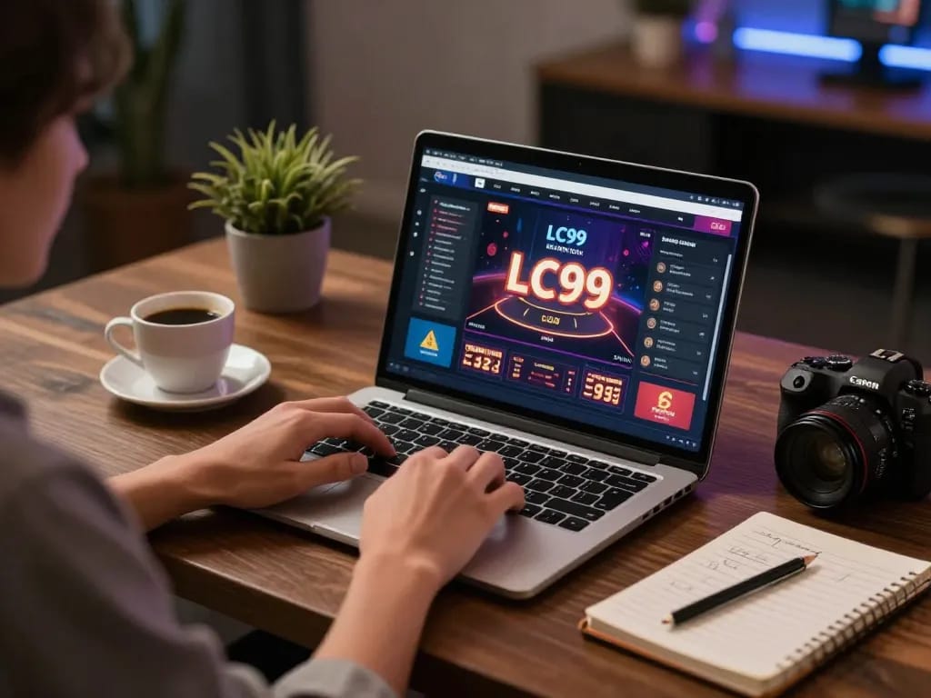 Player engaging with the LC99 online casino on a laptop, showcasing a personalized gaming environment with strategic elements.