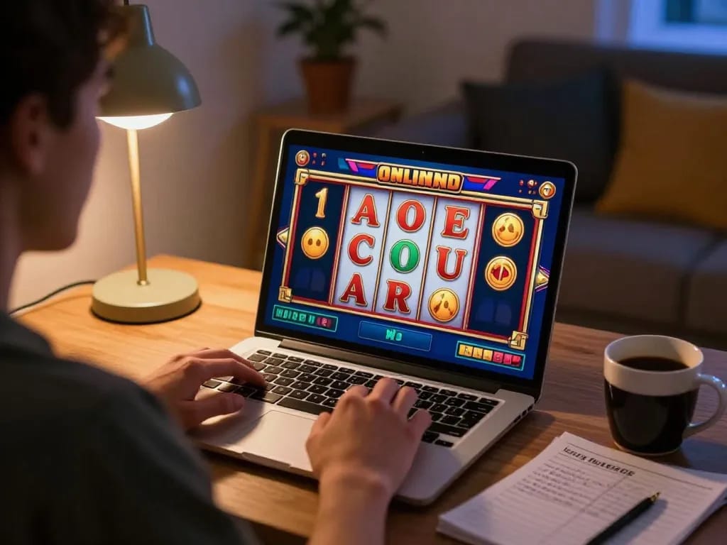 Permainan slot online yang menarik menunjukkan link gacor dengan animasi yang cerah di layar laptop.