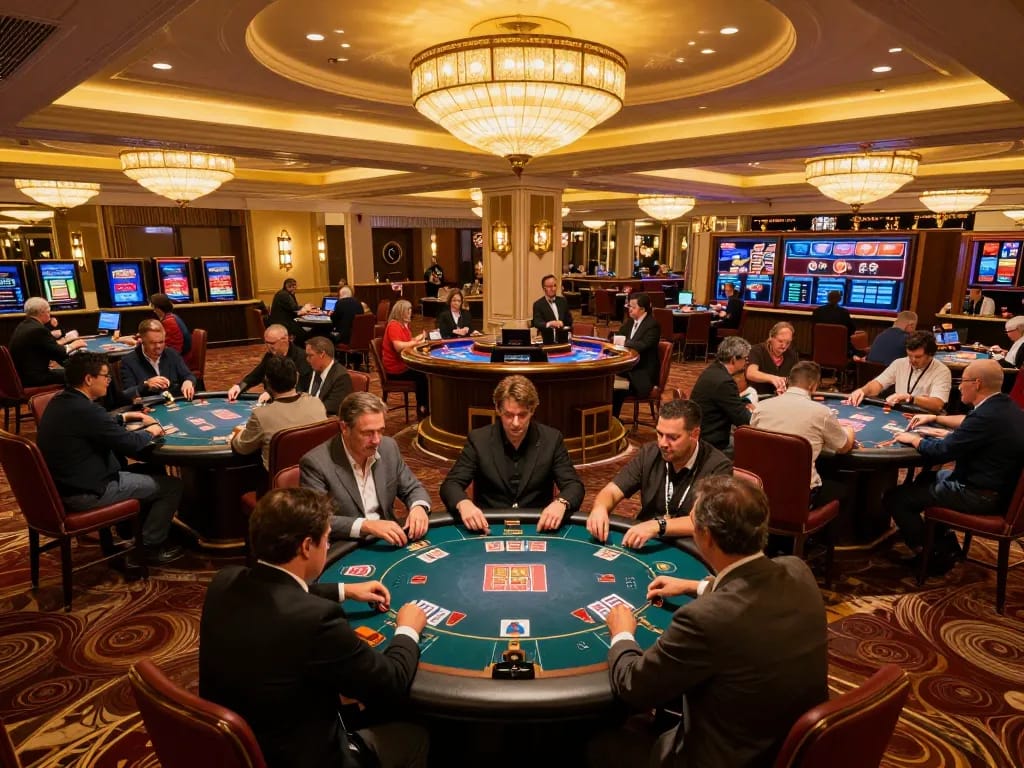 33WIN players enjoying a thrilling game night in a luxurious casino setting.