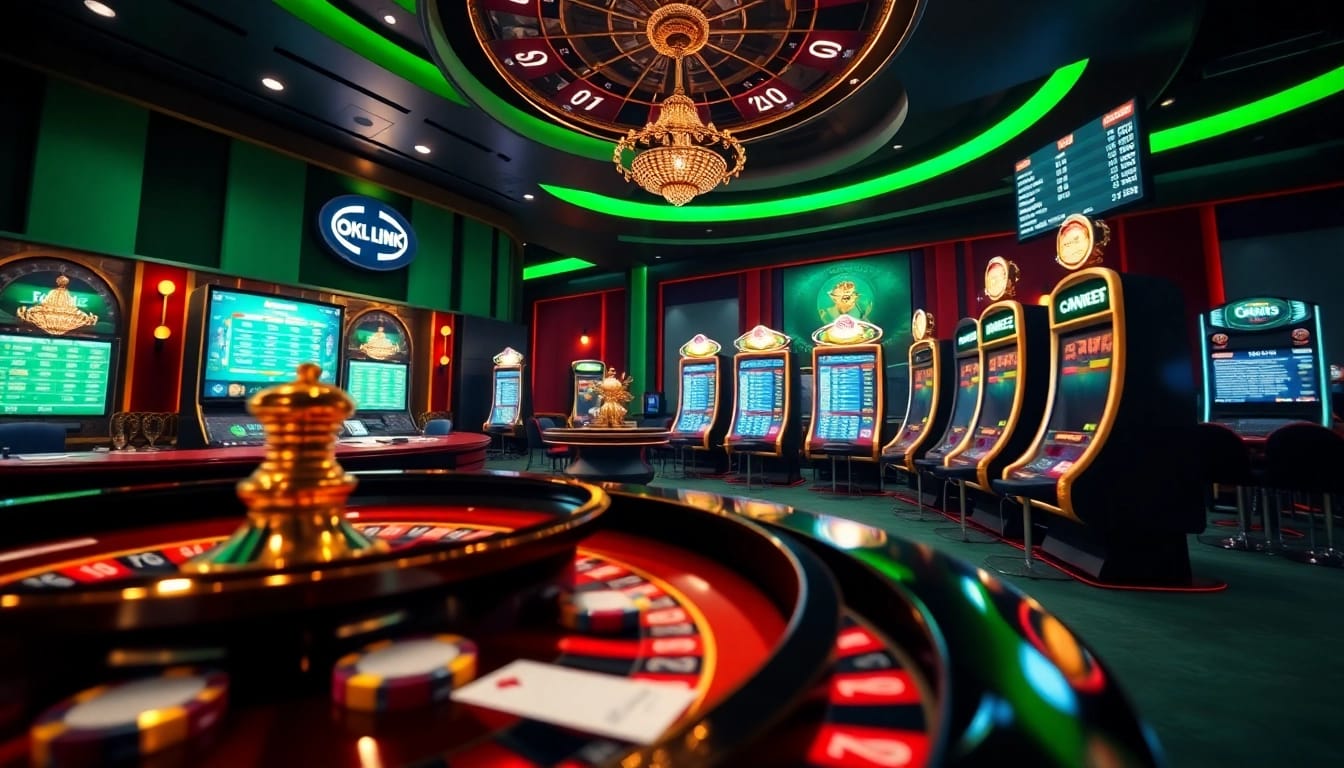 An engaging casino scene featuring the OK9 Link interface with roulette tables and vibrant poker chips.