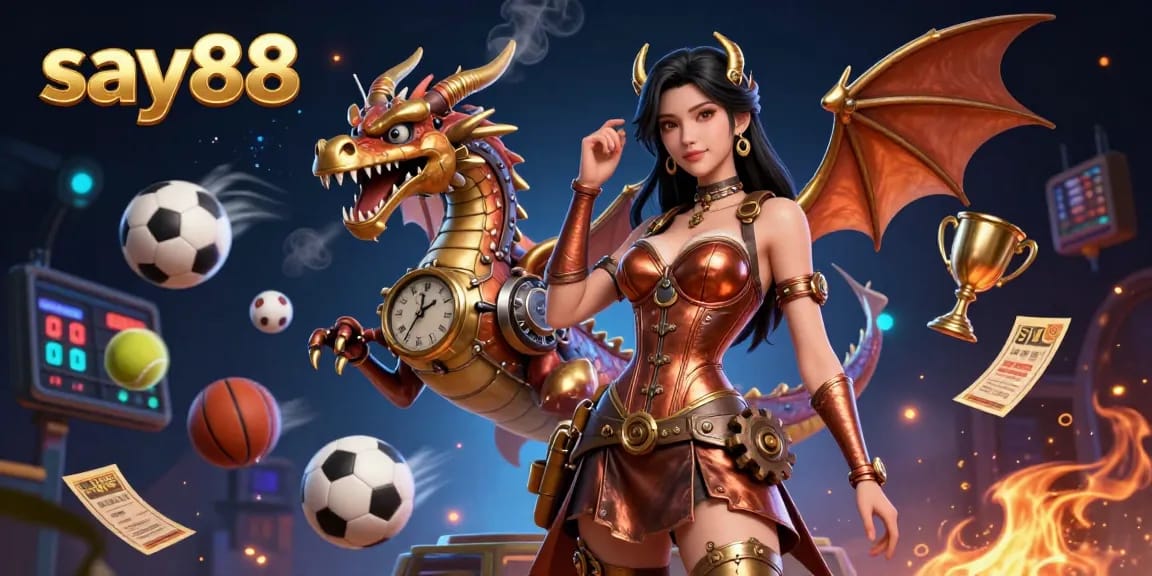 Experience captivating sports betting action at say88 with dynamic 3D illustration filled with vibrant gaming elements.