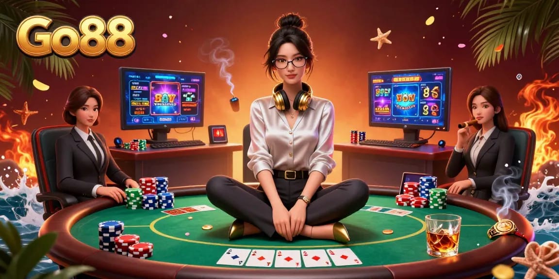 Experience Go88 casino thrills with vibrant gaming scenes and stunning graphics in this digital art.