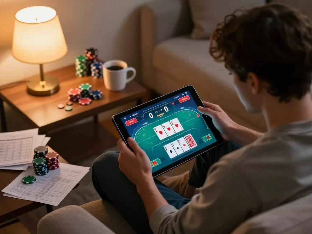 Engaging scene of rr88 poker game on tablet in a cozy home, showcasing strategic betting.