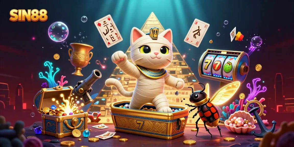 SIN88 offers exciting slot games with a lively Egyptian theme, highlighted by a mummy cat and golden treasures.
