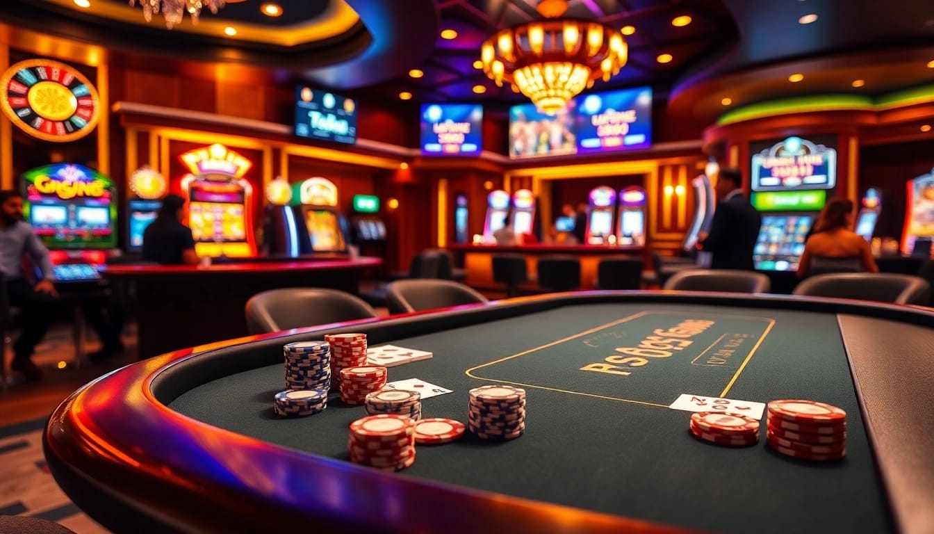 Experience the vibrant excitement of P3 casino with poker tables, roulette wheels, and slot machines.