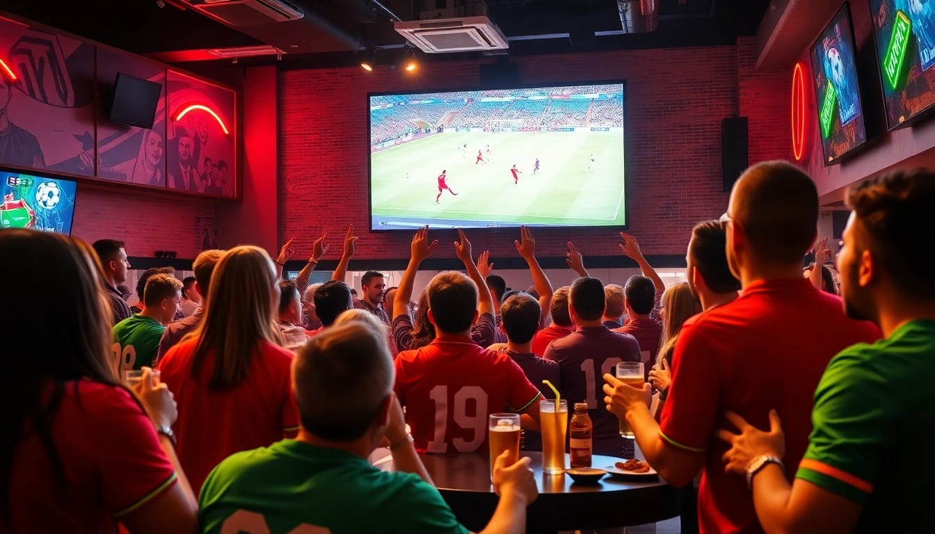 Socolive fans enjoying a lively football match at a sports bar with vibrant energy and camaraderie.