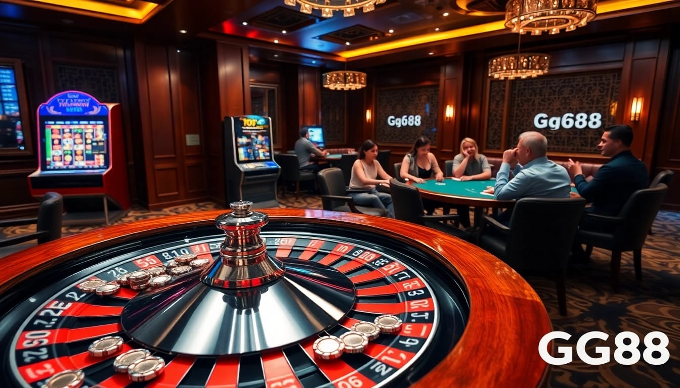 Experience excitement at the GG88 casino with vibrant roulette and poker setups, capturing the thrill of betting.