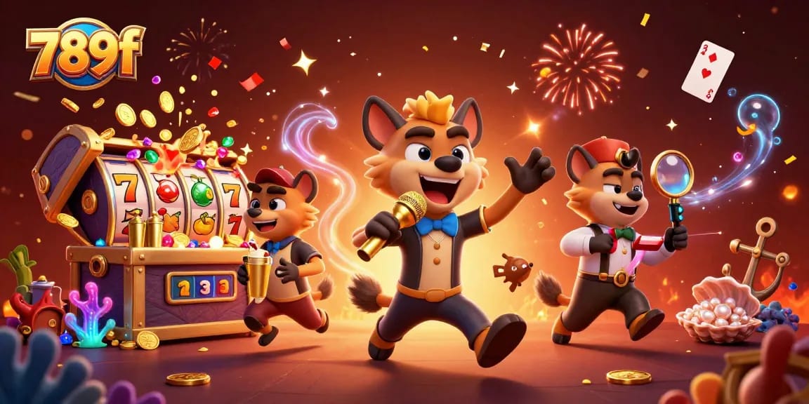Experience thrilling games at 789f with vibrant slot machines and playful hyena characters.