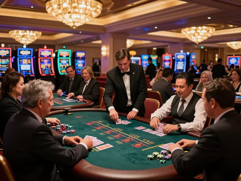 Players enjoying blackjack at a luxurious casino while exploring cakhiatv for sports betting.