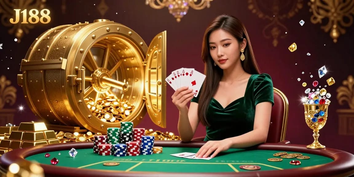 Engage in exciting gameplay at J188, featuring stunning visuals of a poker scene with chips and jewels.