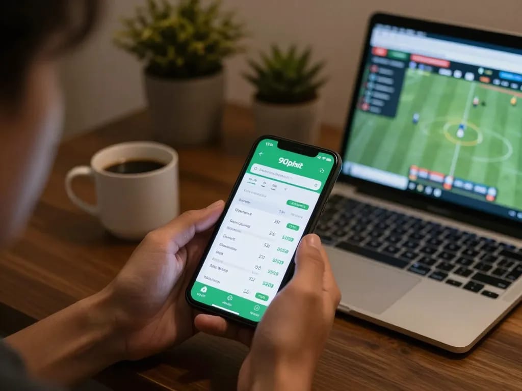 Betting on 90phut app while enjoying cozy home setup, capturing excitement of online sports gambling.