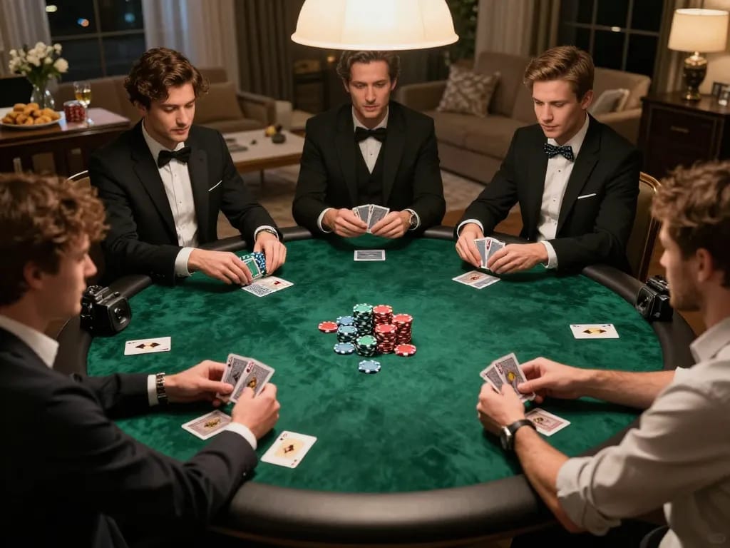 A friendly poker game with players betting and ready to win at table 5679 with strategic moves and chips