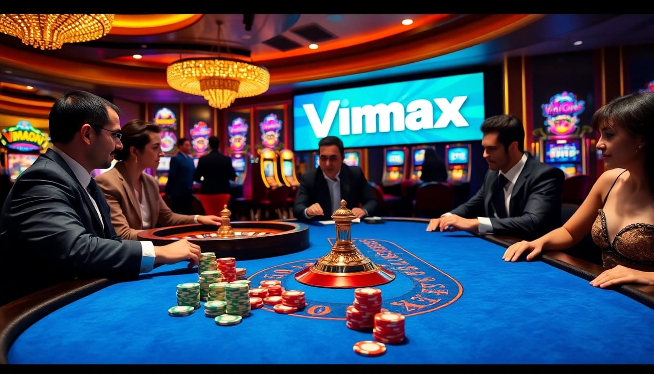 Players competing at a luxurious poker table at Vmax casino, showcasing vibrant chips and a roulette wheel.