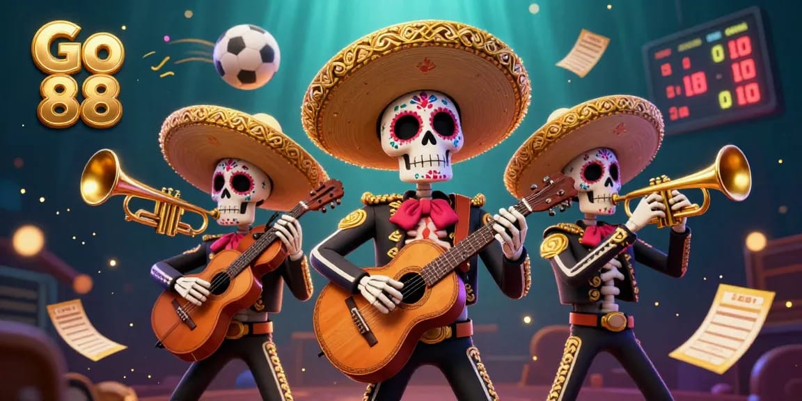 Engage with Go 88's vibrant 3D casino scene featuring a dynamic mariachi band amid sports betting excitement.