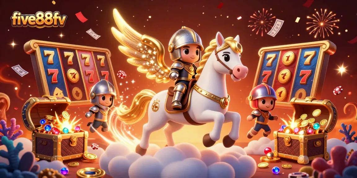Engage with five88fv's thrilling slot games featuring a celestial horse and knight in an animated casino adventure.