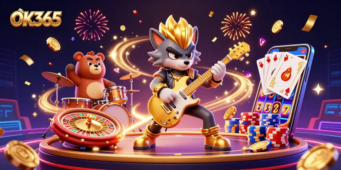 Experience exciting gameplay with OK365 featuring a rocking wolf, dynamic casino elements, and vibrant colors.