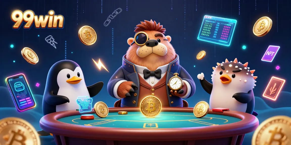 Players bluffing at a 99win poker table featuring a walrus and penguin dealer.