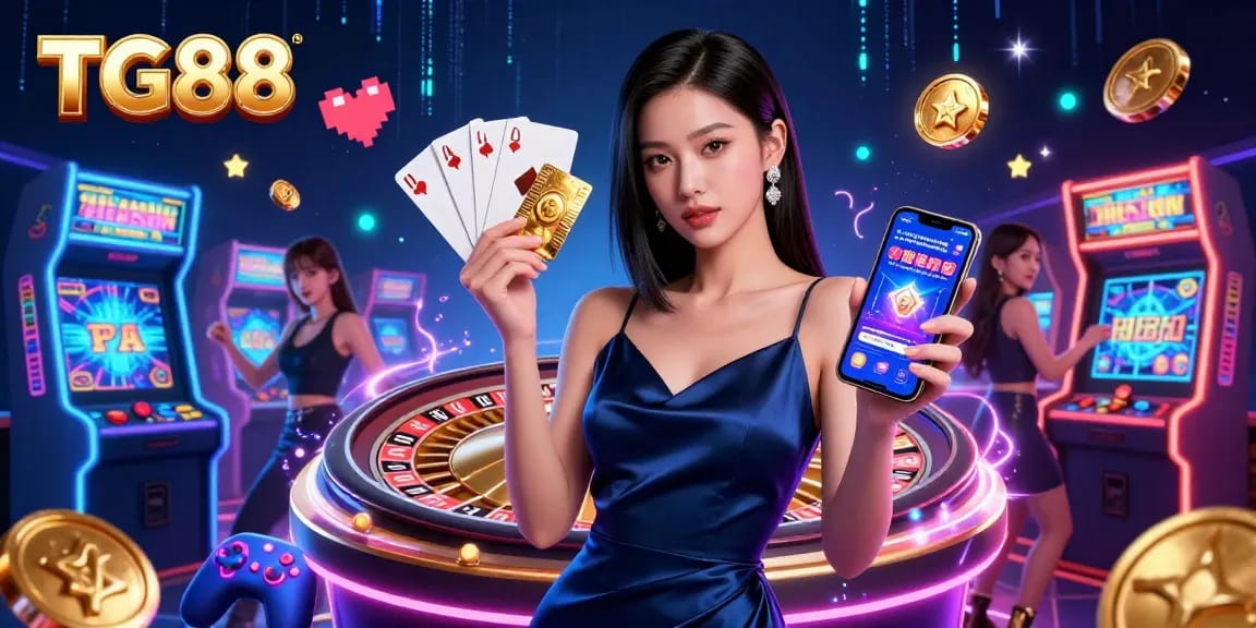 Engage with TG88 in a vibrant casino world featuring a confident woman holding a chip and smartphone.