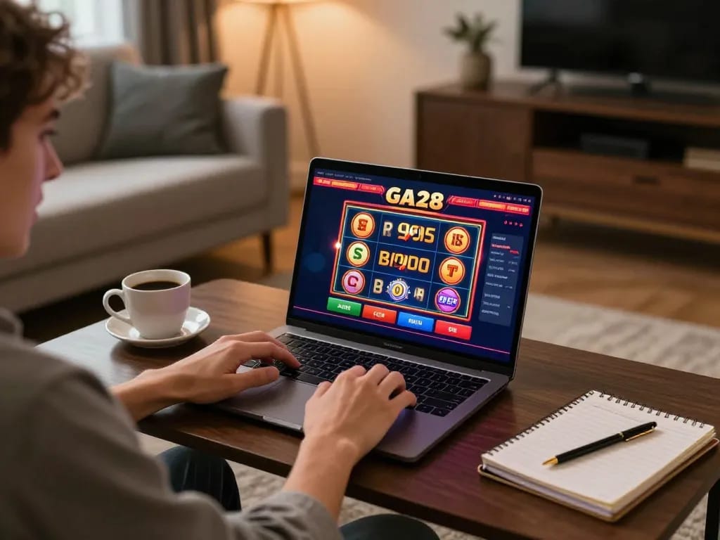 Player engaging with GA28 online casino slots on laptop at cozy home setting.