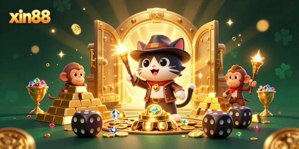 Join xin88's thrilling adventure as the explorer cat discovers golden artifacts in a vibrant casino landscape.