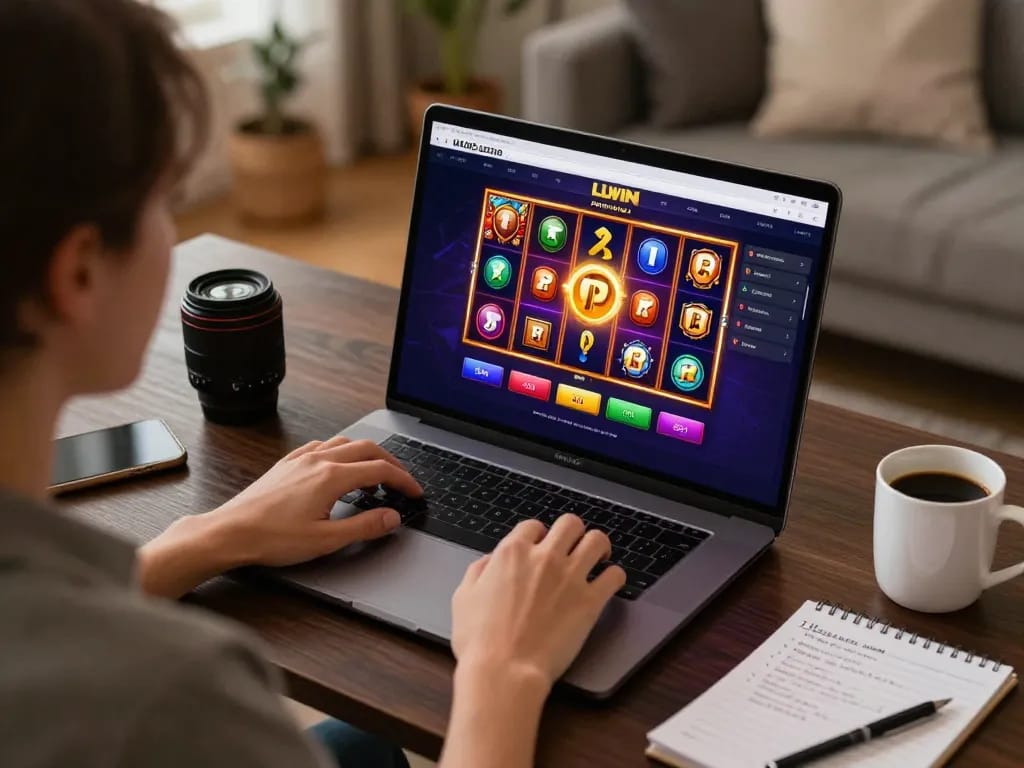 Engaging player enjoying LLWIN online casino gameplay on a laptop, showcasing vibrant slot game visuals.