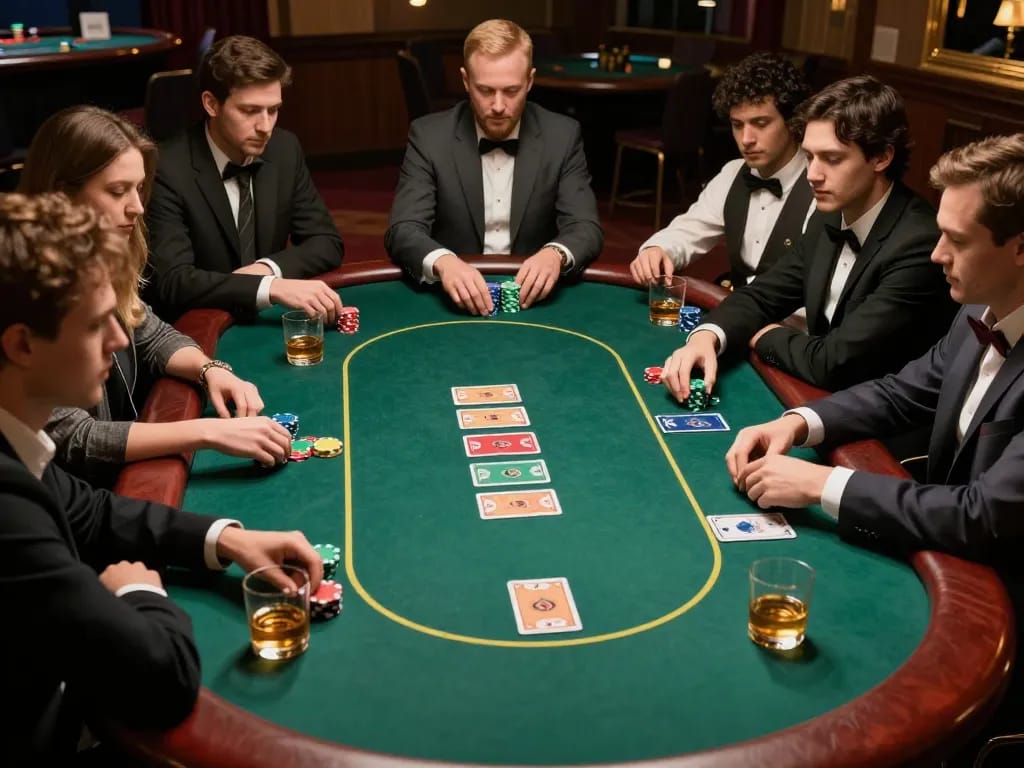 Vipwin players strategizing in a luxury poker game with vibrant chips and whiskey glasses