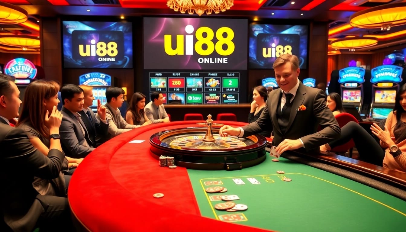 Players engaging in exciting games at uu88 online casino with vibrant roulette and slot machines.