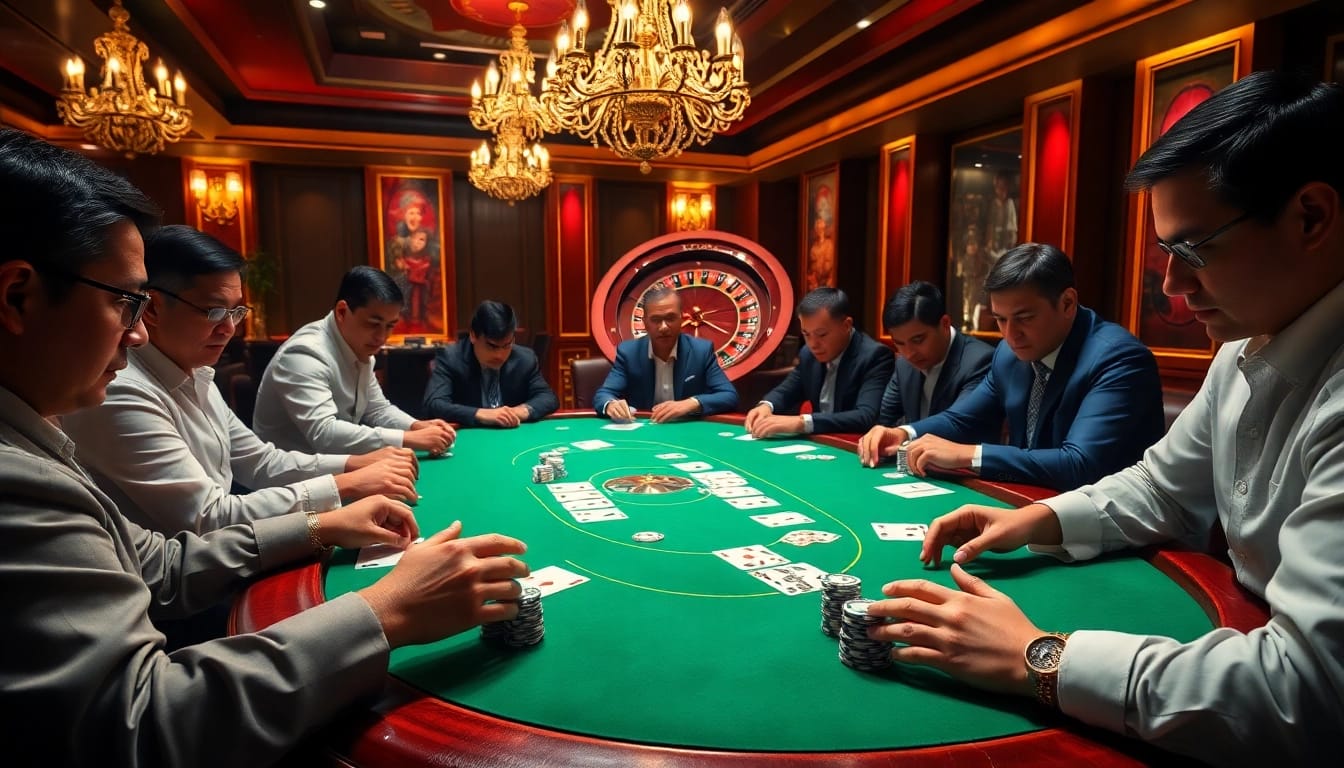 High-stakes poker game at a luxurious casino highlighting TP88's elite gaming experience.